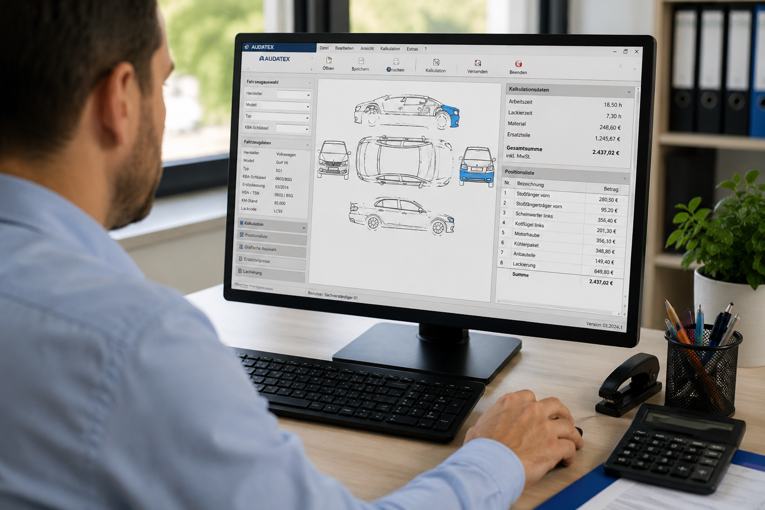 Bildschirm mit AUDATEX-Kalkulationssoftware während der Schadensberechnung